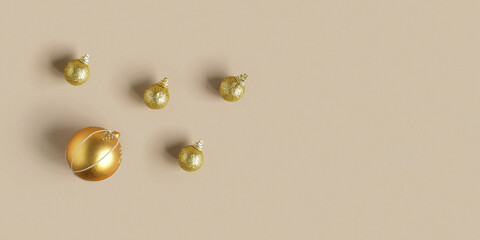 Golden Christmas decoration ball inside round frame of golden balls on neutral beige background