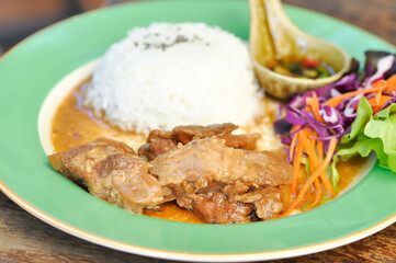 stewed pork ,pork with rice and sauce or rice topped with stew pork