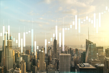 Multi exposure of virtual abstract financial diagram on Manhattan office buildings background,...