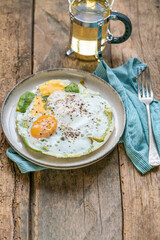 sunny side up eggs with fried avocado slices on plate for breakfast