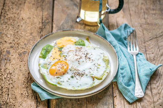 Tea And Eggs With Fried Avocado Slices On Plate For Breakfast