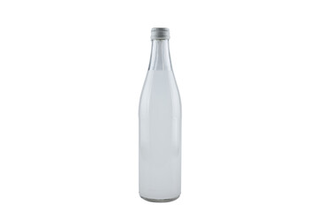 A white bottle with a soda drink on ice isolated.