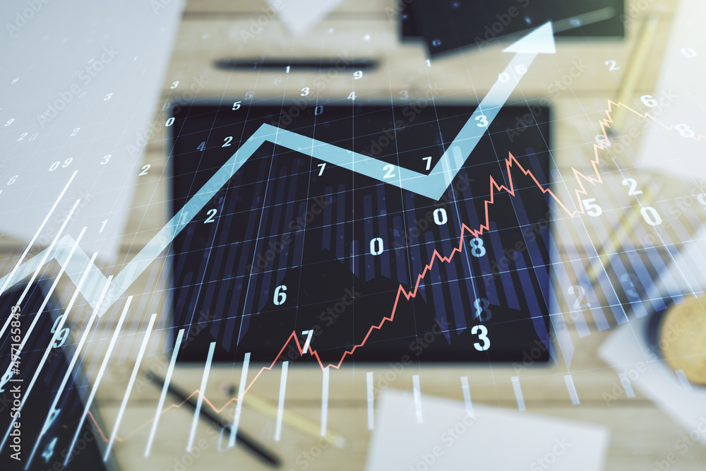 Poster abstract creative financial graph with upward arrow and modern digital tablet on desktop on backgrou
