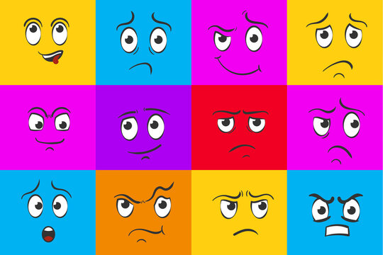 Face expressions emotions hand drawn doodle style.