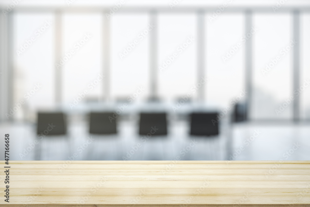 Poster empty office wooden table with empty space on modern conference room with large window background, c