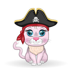 Cat pirate, cartoon character of the game, wild animal cat in a bandana and a cocked hat with a skull, with an eye patch. Character with bright eyes