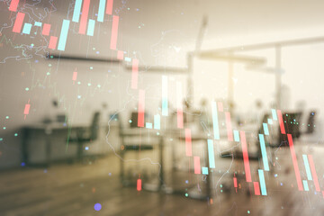 Double exposure of abstract virtual global crisis chart and world map hologram on modern corporate office background. Financial crisis and recession concept