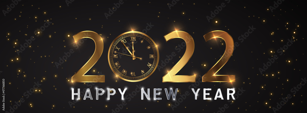 Poster happy new 2022 year elegant gold text with fireworks, clock and light. minimalistic text template.