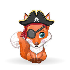 Fox pirate, cartoon character of the game, wild animal in a bandana and a cocked hat with a skull, with an eye patch. Character with bright eyes