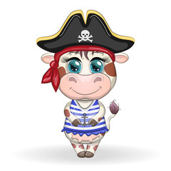 Bull, cow pirate, cartoon character of the game, wild animal in a bandana and a cocked hat with a skull, with an eye patch. Character with bright eyes