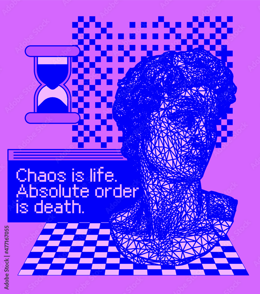 Poster retro computer interface and 3d low poly model of bust sculpture. vaporwave style vector illustratio