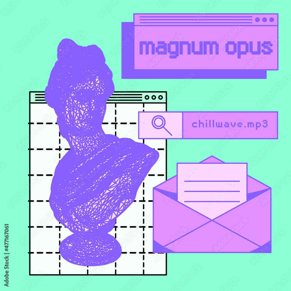 Poster Retro computer interface and 3D low poly model of bust sculpture. Vaporwave style vector illustration. 