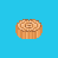 Pixel art moon cake icon. Vector 8 bit style illustration of pixel Chinese festival cake. Isolated cute decorative food element of retro video game computer graphic.