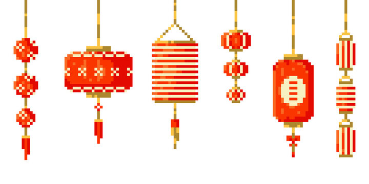Pixel art Chinese ornaments set. Vector 8 bit style collection of chinese paper lanterns and lamps. Isolated elements of retro video game computer graphic.	