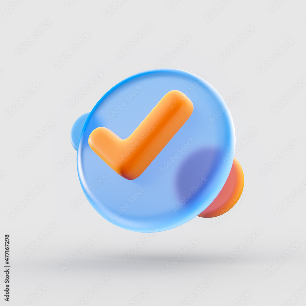 Poster checkmark on white background realistic glass morphism bubble 3d render concept for web or app icon