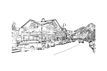 Building view with landmark of Les Deux Alpes is a ski resort in the France. Hand drawn sketch illustration in vector.