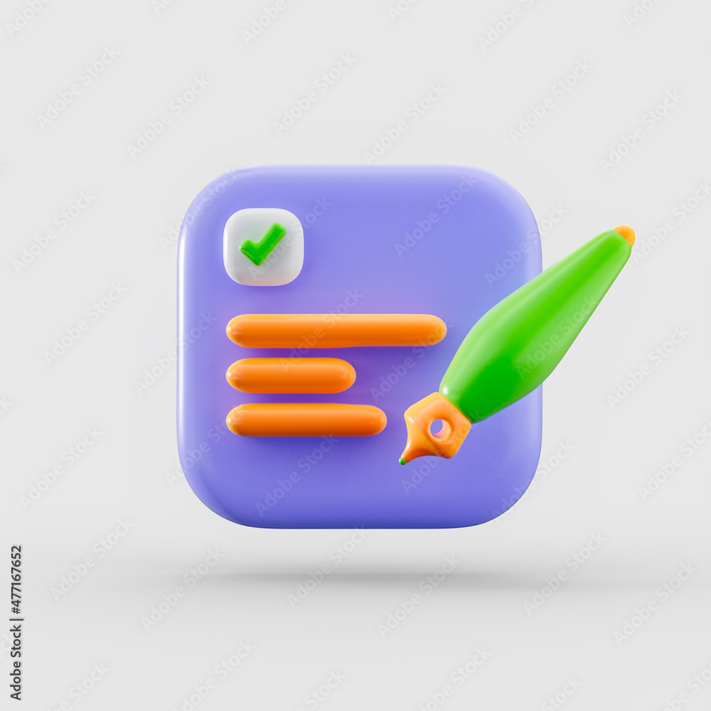 Poster document writing on clipboard and checkmark icon realistic look 3d render concept
