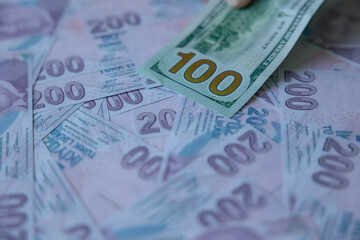 Turkish Liras and 100 dollars. Economic crisis in Turkey background photo.