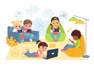 Kids surf internet. Children sitting in room and hold gadgets in hands, boys and girls with smartphones and laptops, live communication problem, social media vector cartoon isolated concept