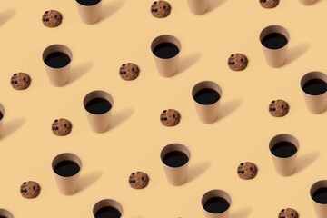 Black coffee in paper cup and chocolate chip cookies on beige background. Seamless repeating pattern.