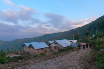 Houses beside road leading to mountain, Silerygaon Village, Sikkim. Himalaya mountains in background.