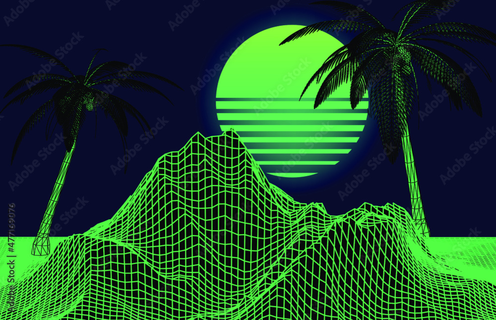 Poster vaporwave style 3d landscape with distorted laser grid, palm trees and sun. vector illustration.