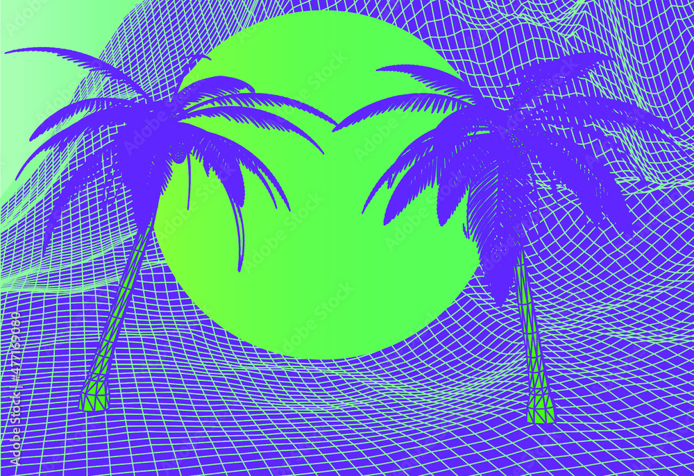 Poster vaporwave style 3d landscape with distorted laser grid, palm trees and sun. vector illustration.