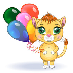 Cartoon lion with expressive eyes. Wild animals, character, childish cute style.