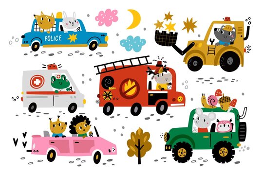 Cartoon animal drivers. Cute baby motorist characters, funny kids vehicles. Ambulance, fire engine and police, excavator and suv, nursery decor, vector childish transport set