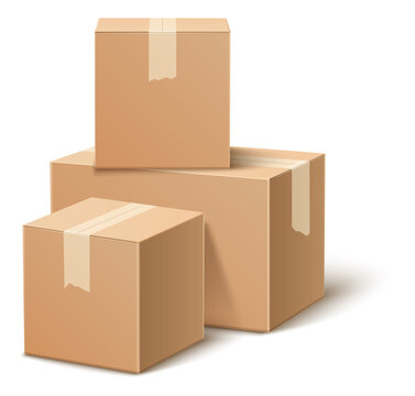 Cardboard box pile. Blank closed parcels in realistic style