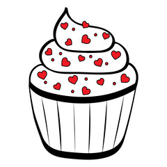 Cupcake decorated with sprinkles of red hearts. Valentine's day hand drawn vector illustration