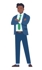 Man in suit crossed arms. Confident businessman stand