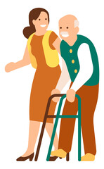 Fototapeta premium Young woman helping old man with walking aid. Volunteer supporting senior