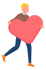 Man running with big heart symbol. Guy holding love sign