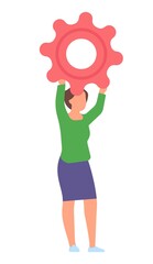 Woman holding giant gear symbol. Working process or settings icon