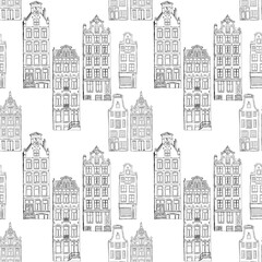 Seamless pattern of gingerbread houses in Amsterdam drawn in a graphic editor black on white background. For poster, stickers, sketchbook cover, print, your design.