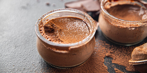 chocolate pudding souffle cocoa cream, cream, vanilla sweet dessert healthy meal food snack on the table copy space food background rustic top view