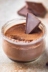 chocolate pudding souffle cocoa cream, cream, vanilla sweet dessert healthy meal food snack on the table copy space food background rustic top view