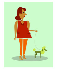 Illustration of a Young Girl Walking Her Poodle Dog, Fashionable