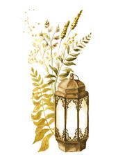 Old decorative carved lantern with Wild grasses and wildflowers. Summer rural composition,  bouquet, decor concept. Hand drawn watercolor illustration isolated on white background