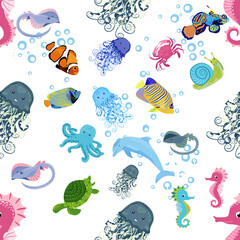 Marine life, fish, animals bright seamless pattern. sea travel, underwater diving animal tropical fish. Jellyfish, whale, shark, seahorse, clown fish, dolphin, turtle, emperor