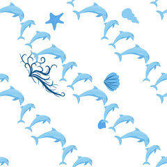Dolphin, sea inhabitants seamless pattern, beautiful character among seashells, algae, starfish, marine wildlife