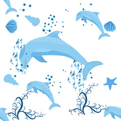 Dolphin, sea inhabitants seamless pattern, beautiful character among seashells, algae, starfish, marine wildlife
