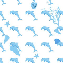 Dolphin, sea inhabitants seamless pattern, beautiful character among seashells, algae, starfish, marine wildlife