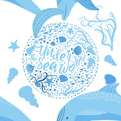 Dolphin, sea inhabitants seamless pattern, beautiful character among seashells, algae, starfish, marine wildlife