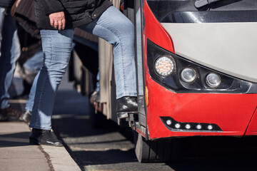 Public transportation bus in urban surroundings.