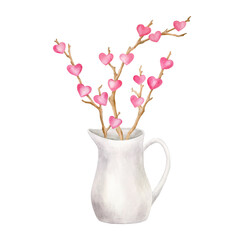 Watercolor Valentine's day decor illustration. Hand painted wood branches with pink hearts in white ceramic vase isolated on white background. Natural romantic decoration sketch.