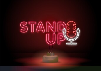 Stand Up neon sign. Neon sign, bright signboard, light banner. Microphone neon. Template for karaoke, live music, stand up, comedy show - obrazy, fototapety, plakaty