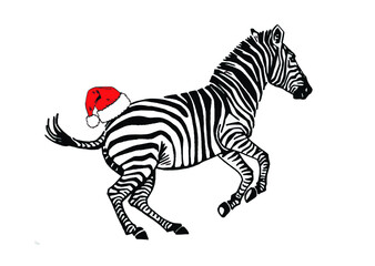 Naklejka na ściany i meble Vector zebra in red hat jumping, graphical illustration, savanna African animal