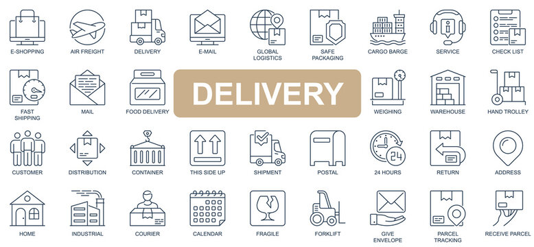 Delivery concept simple line icons set. Pack outline pictograms of e-shopping, email, global logistics, safe packaging, cargo, fast shipping and other. Vector symbols for website and mobile app design